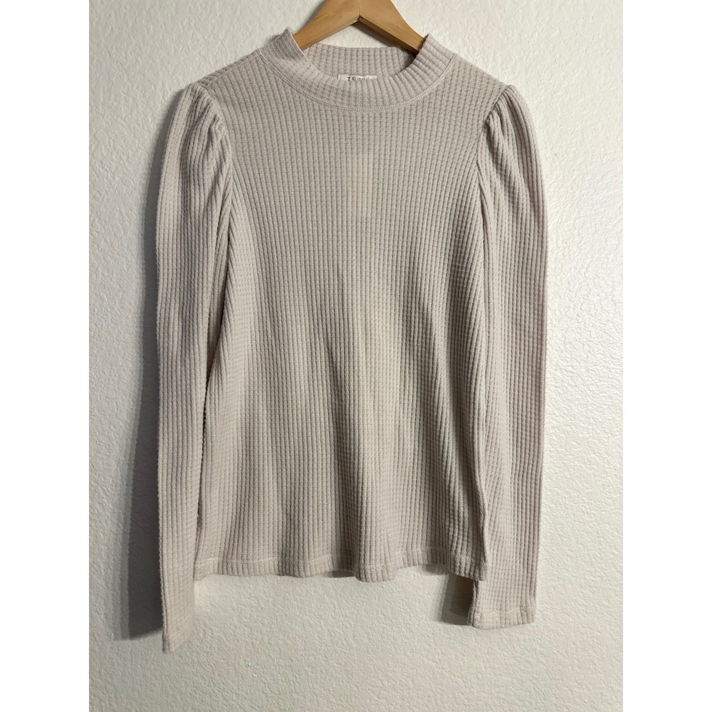 Z Supply Justice Thermal Top Oatmeal Waffle Knit Puff Sleeve Crew Neck Large NWT - Picture 2 of 10